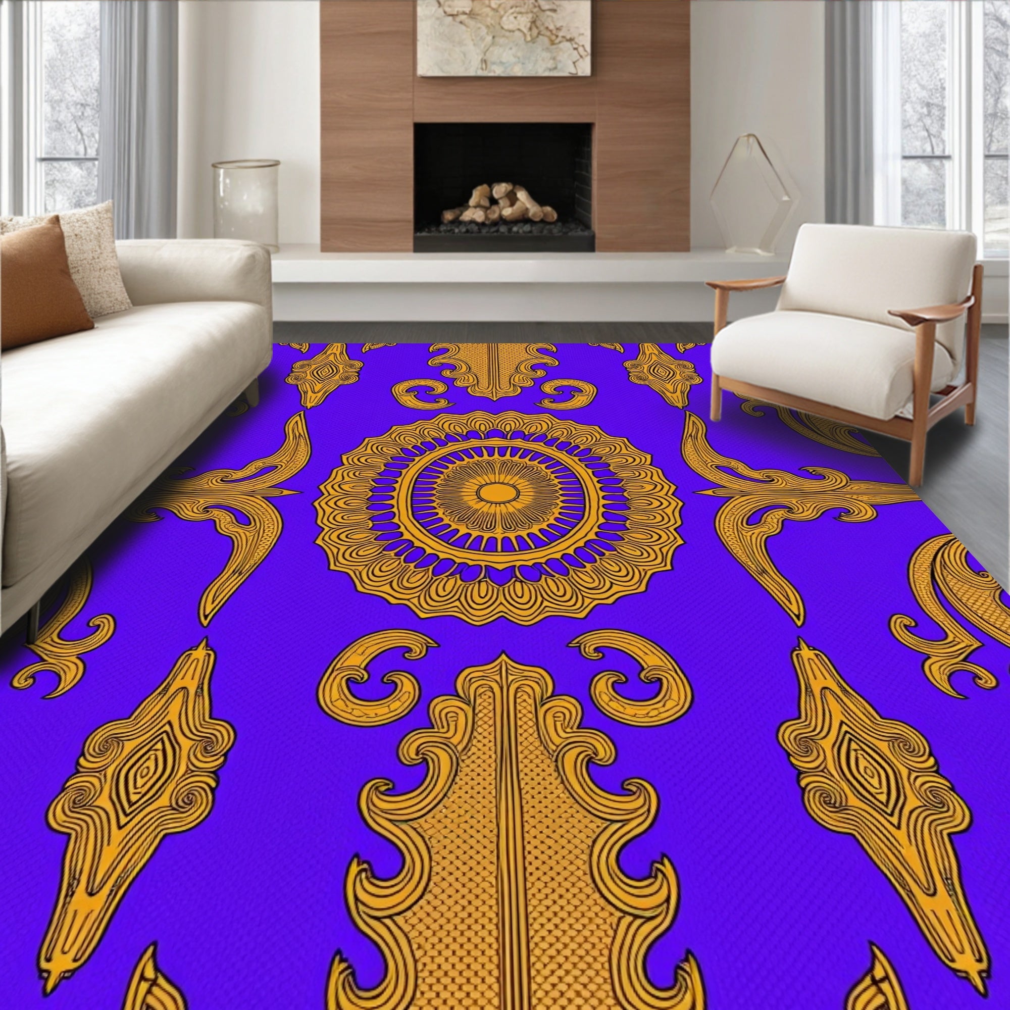 Royal Blue Golden Ornate Medallion Rug