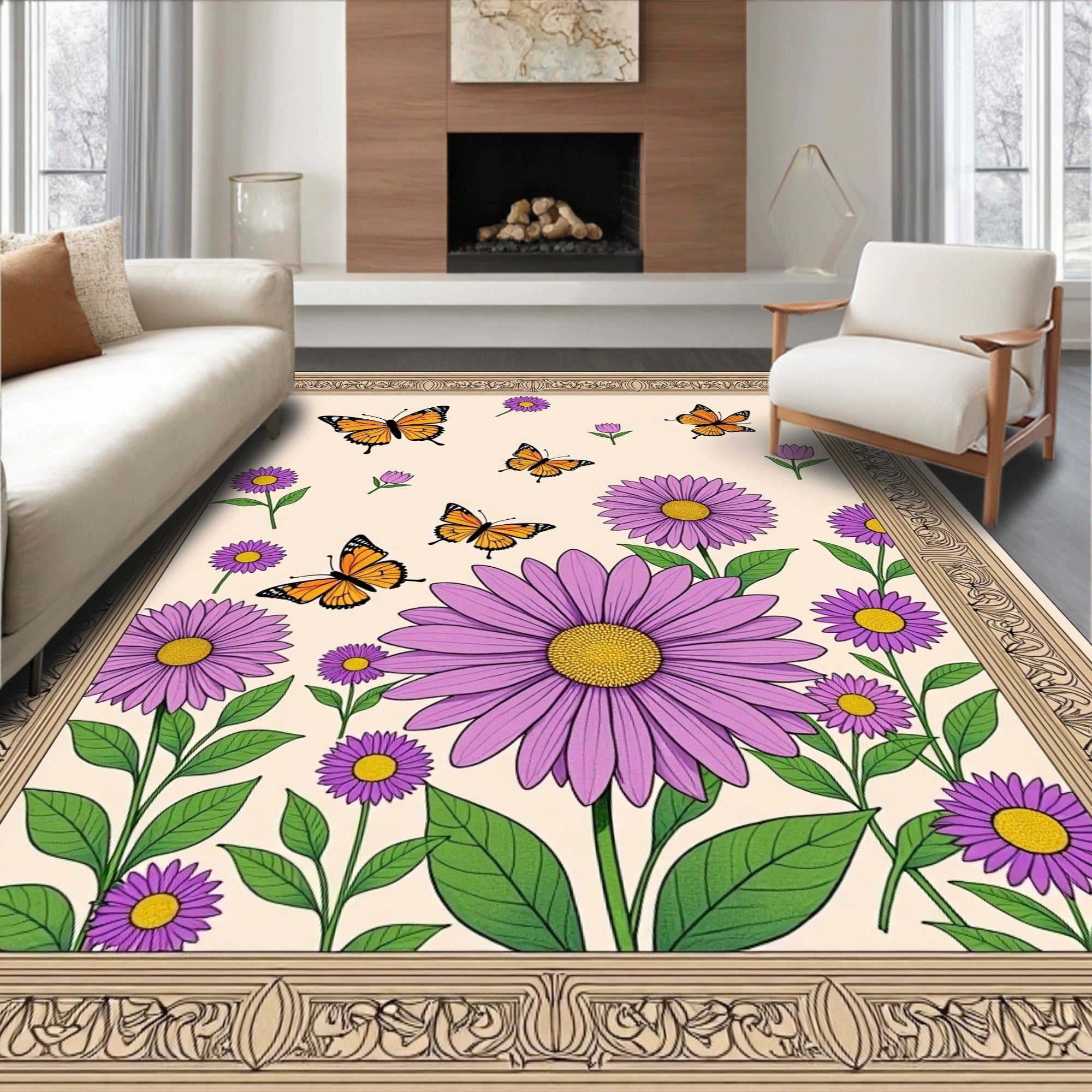 Orange Butterflies Purple Daisy Garden Rug