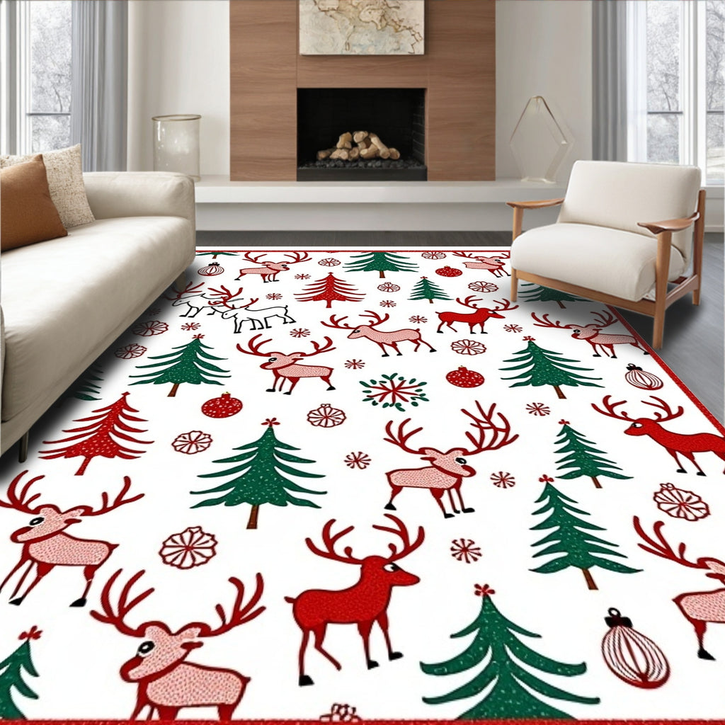 Festive Red Green Reindeer Christmas Trees Rug