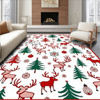 Festive Red Green Reindeer Christmas Trees Rug