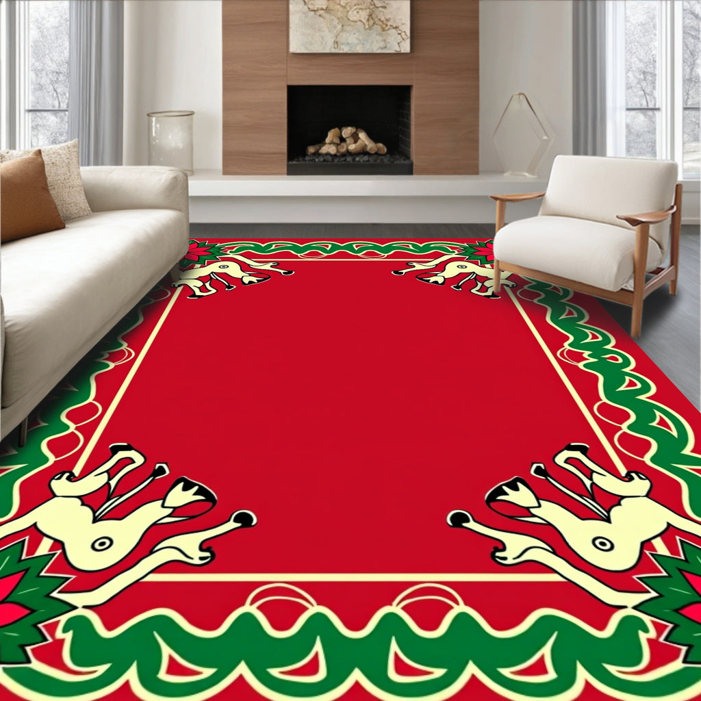 Festive Red Reindeer Poinsettia Border Rug