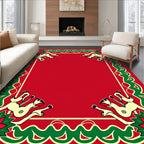Festive Red Reindeer Poinsettia Border Rug