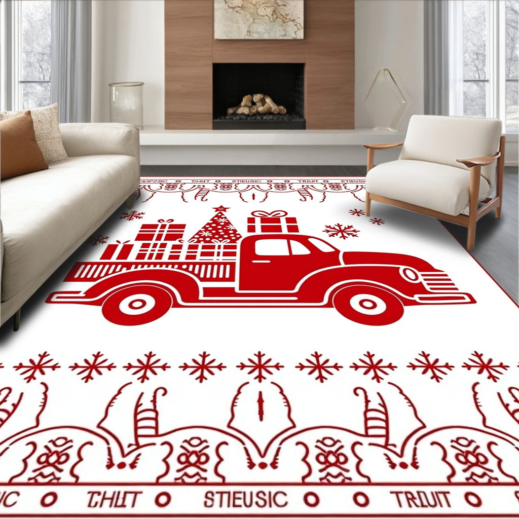 Red Christmas Truck Gifts Snowflakes Rug