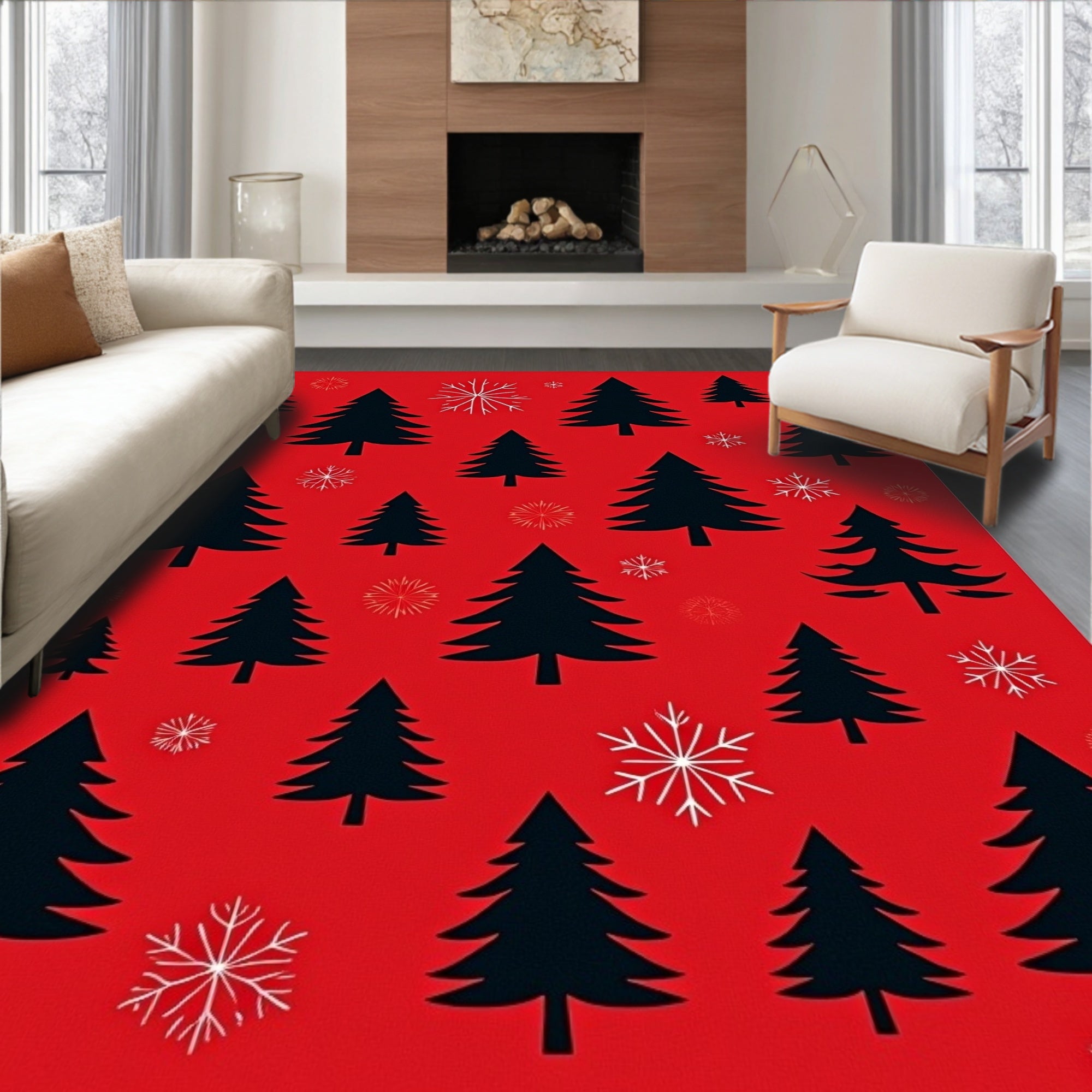 Whimsical Red Black Evergreen Snowflakes Rug