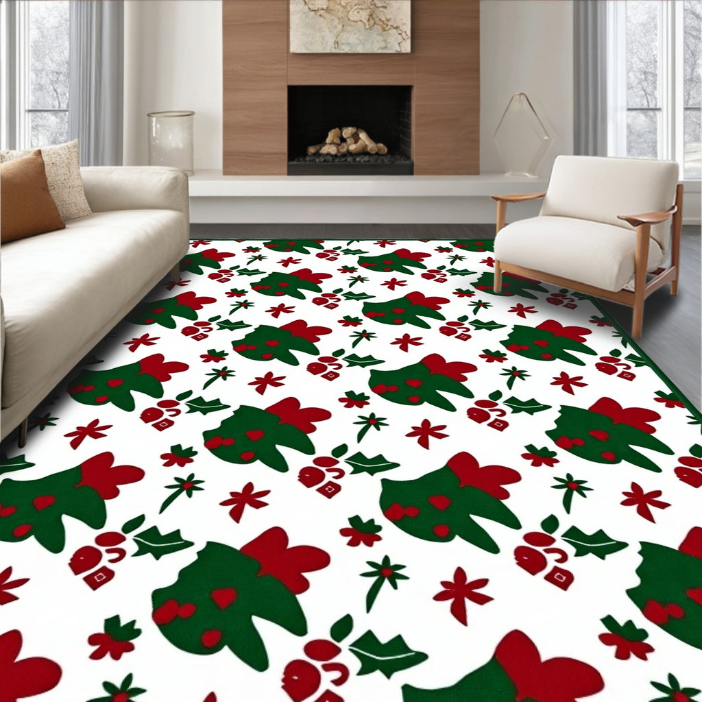 Festive Green Red Christmas Tree Holly Rug
