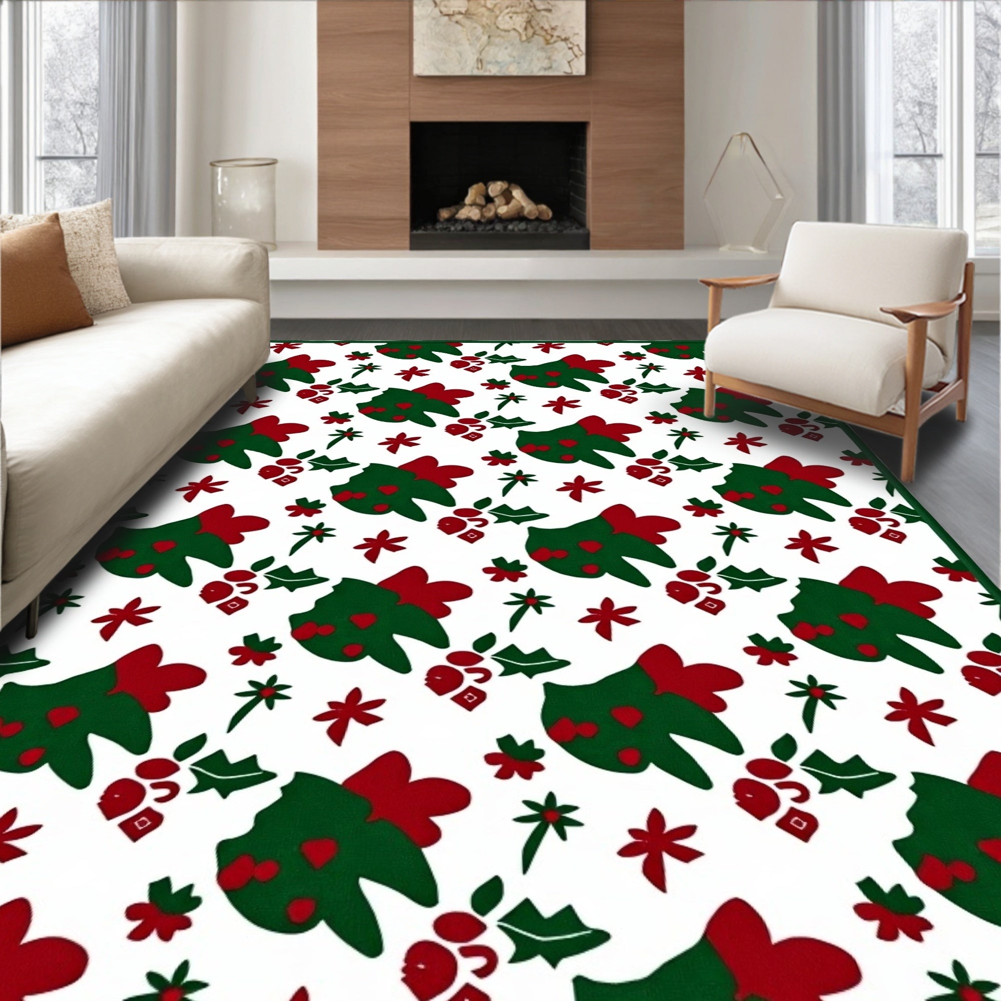 Festive Green Red Christmas Tree Holly Rug