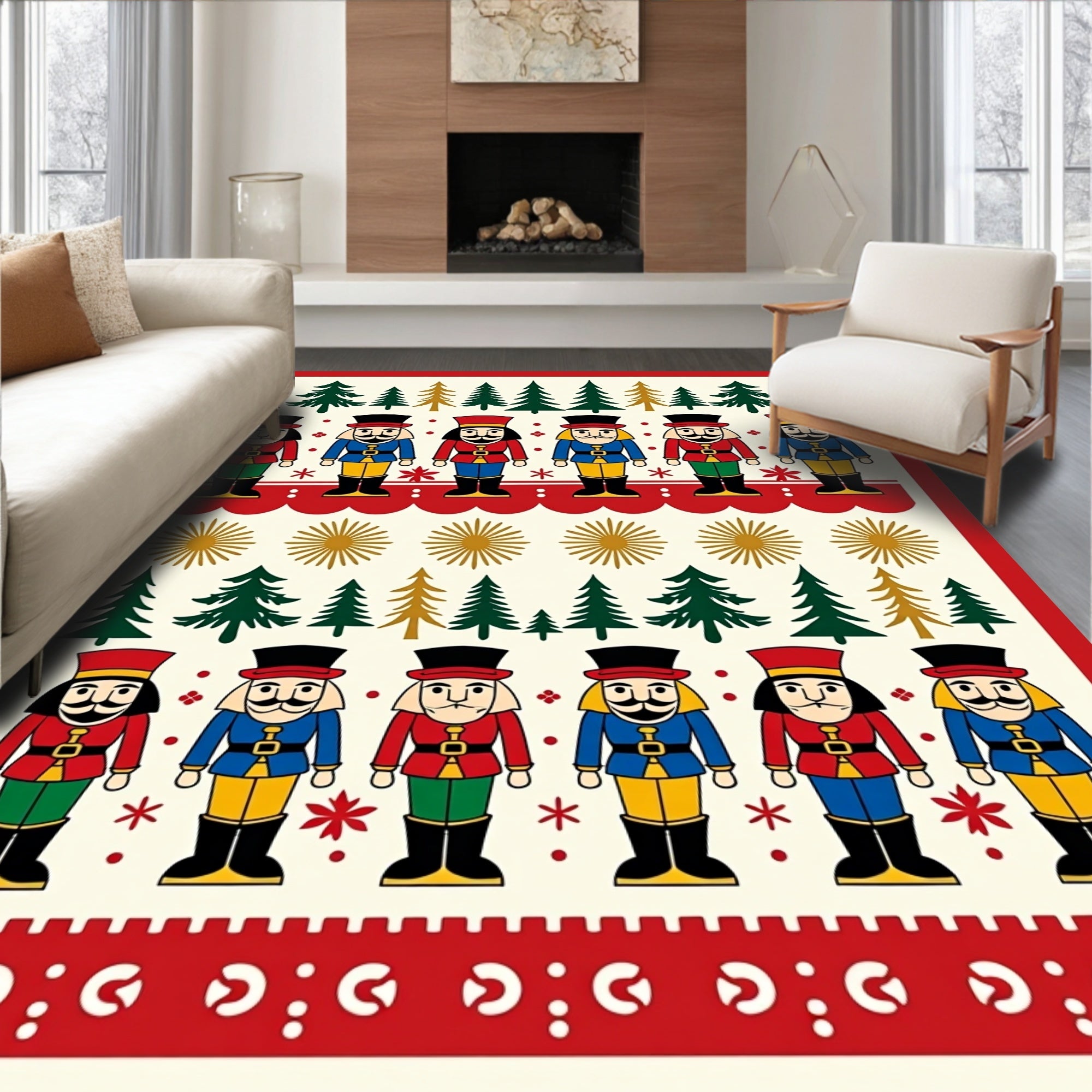 Christmas Nutcracker Red Blue Trees Rug