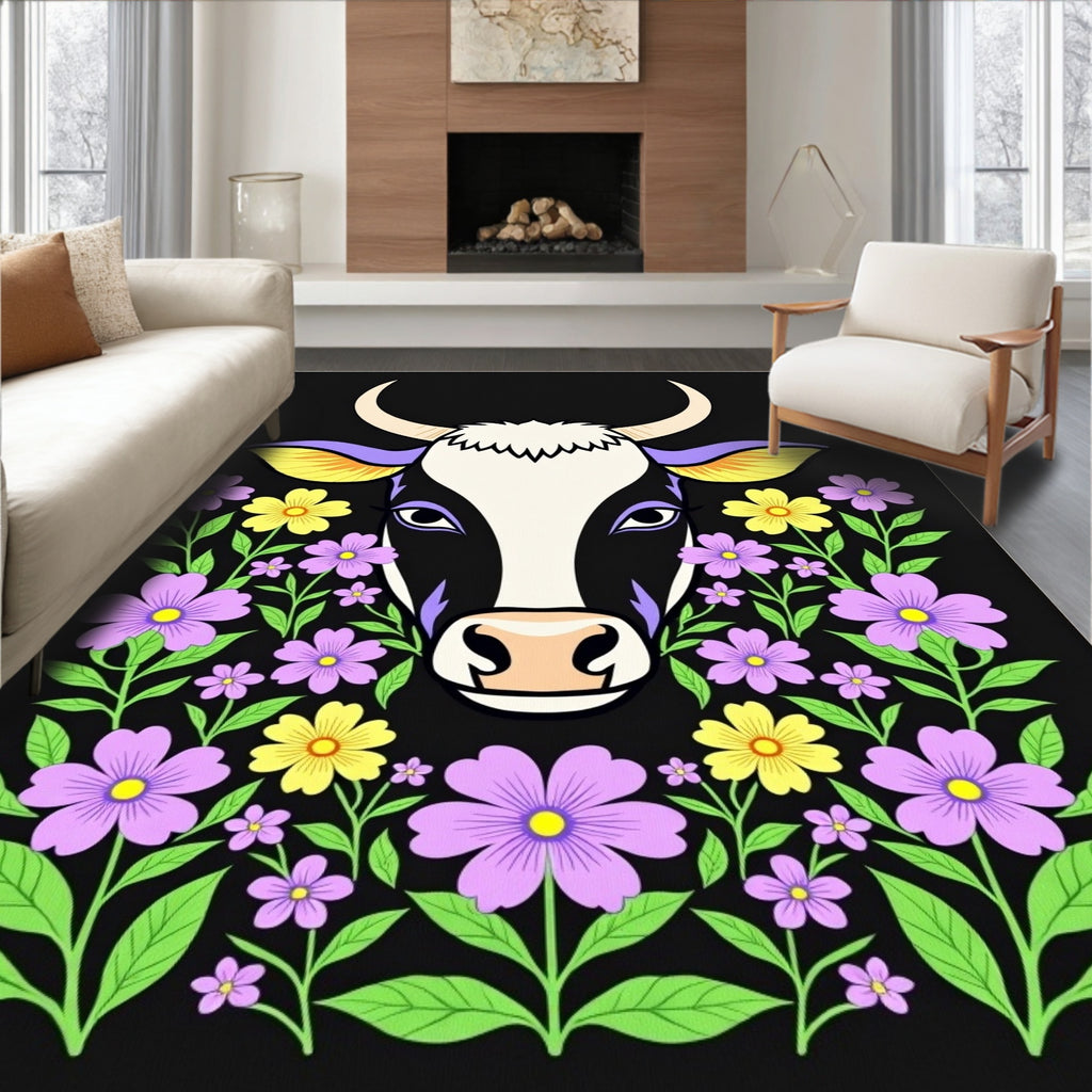 Whimsical Cow Floral Garland Rug
