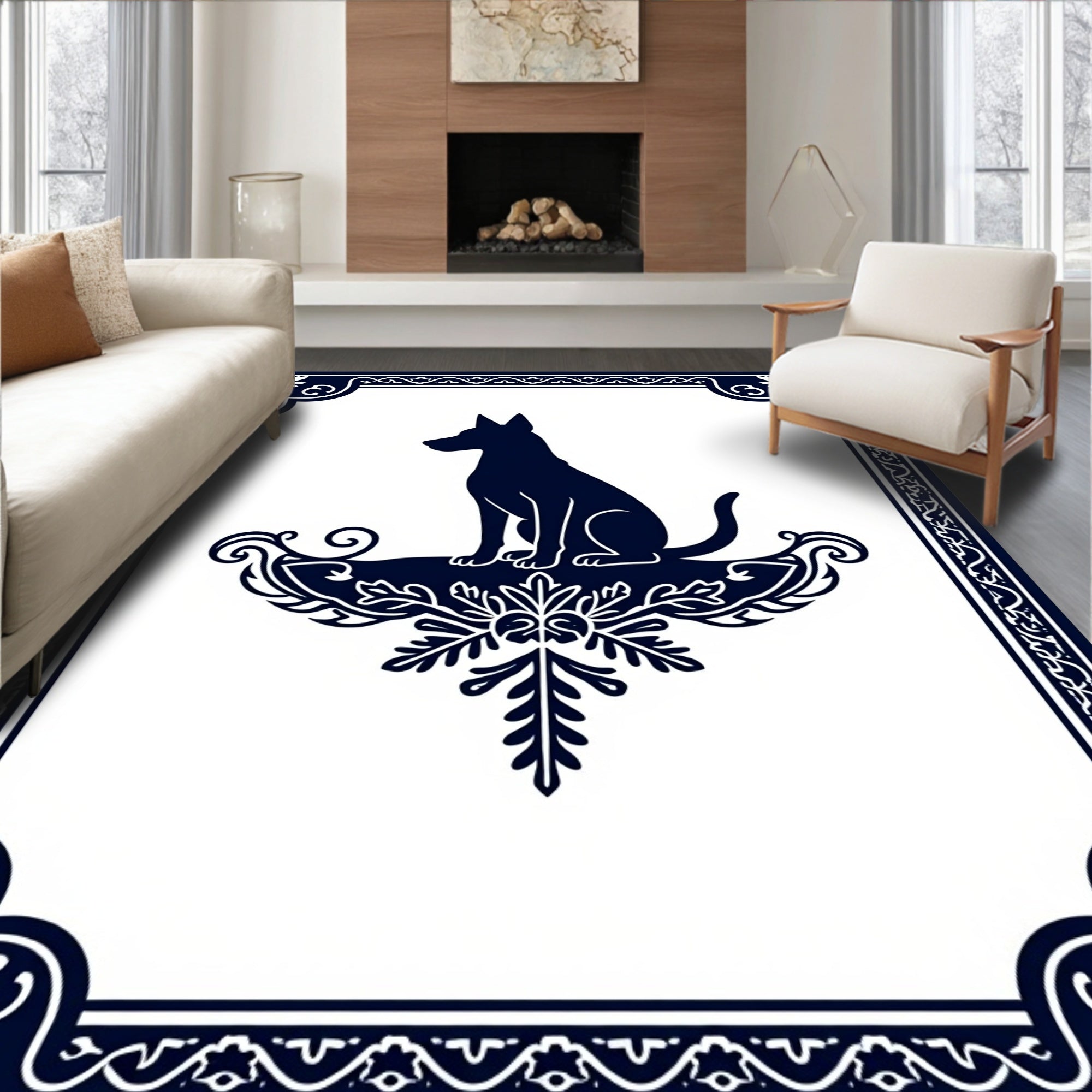 Deep Blue Sitting Dog Emblem Rug