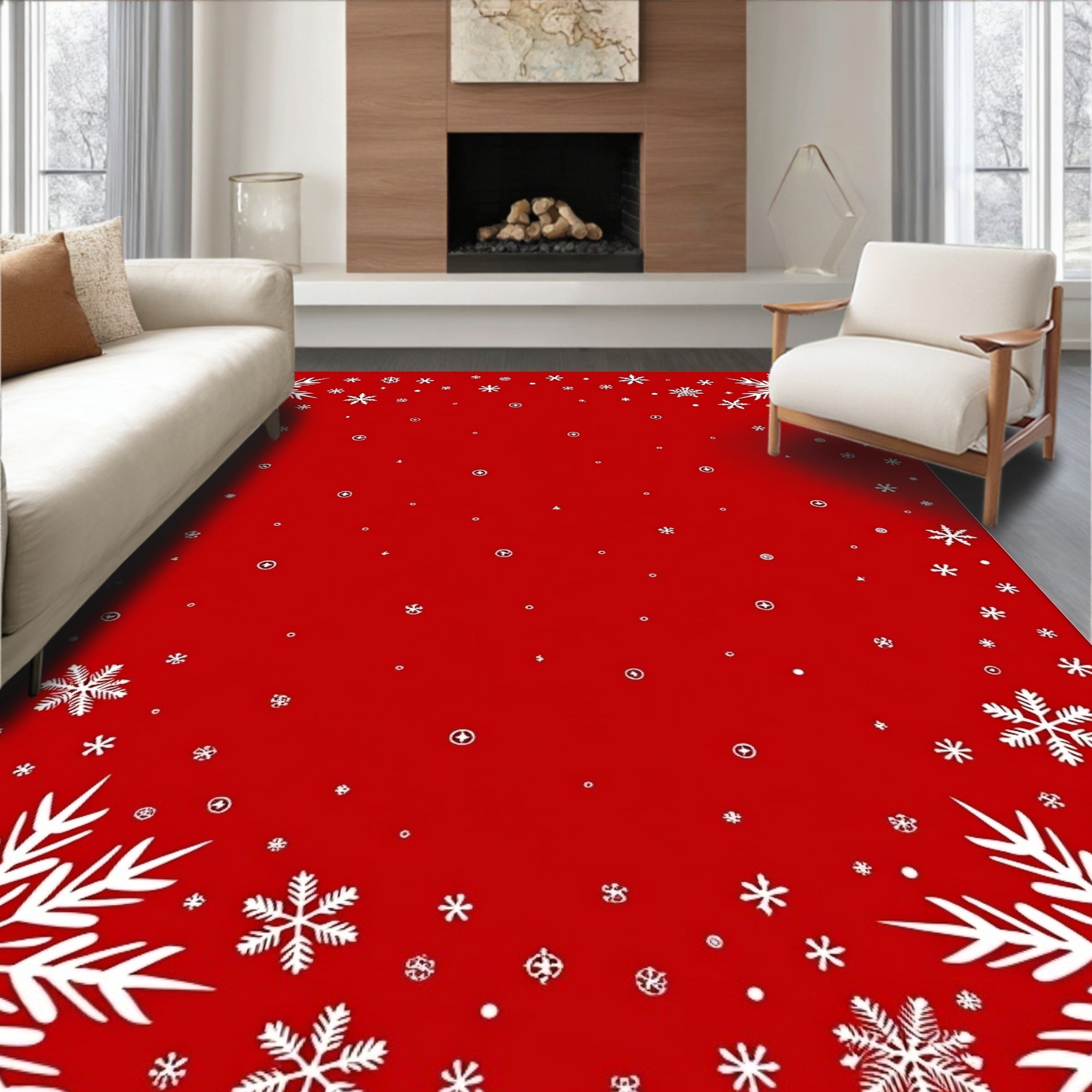White Snowflakes on Red Field Rug