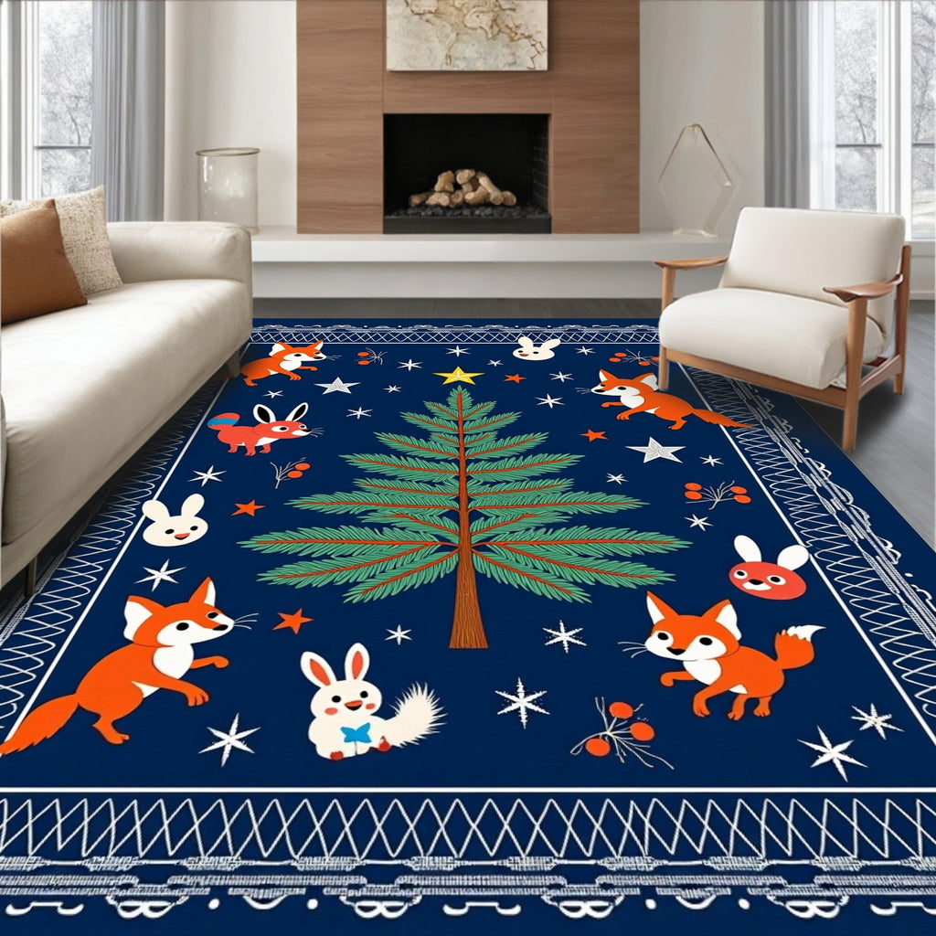 Whimsical Woodland Fox and Bunny Holiday Rug