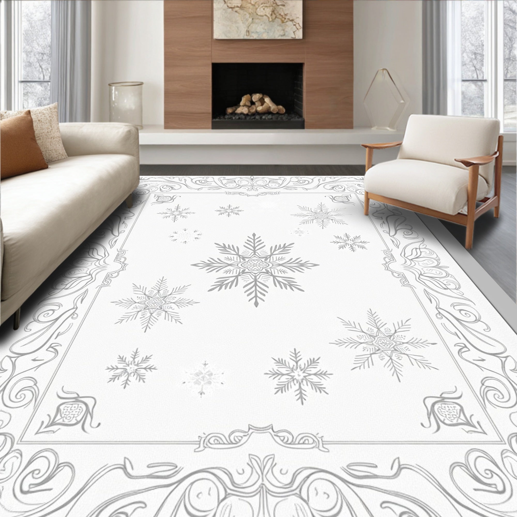 Elegant Gray Snowflake Winter Garland Rug