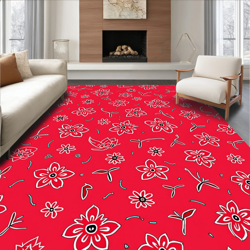 Whimsical Red Floral Scatter Rug