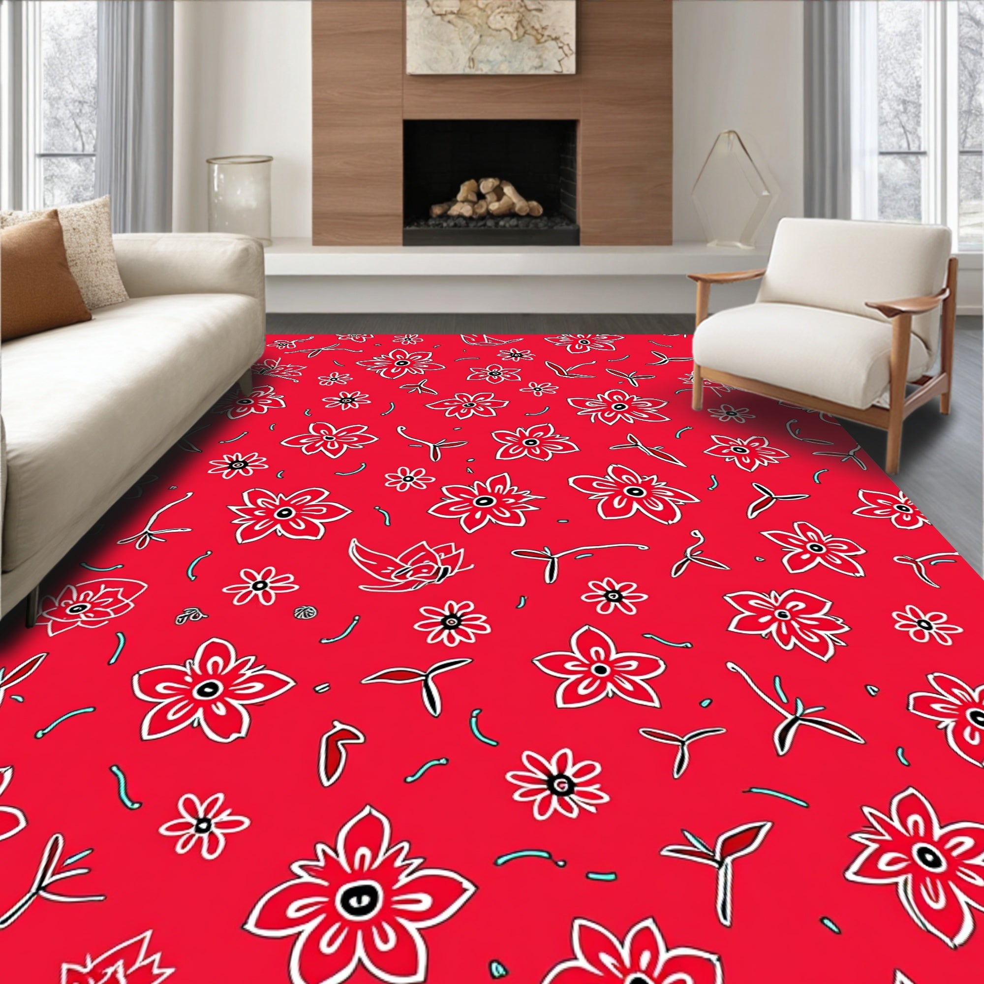 Whimsical Red Floral Scatter Rug