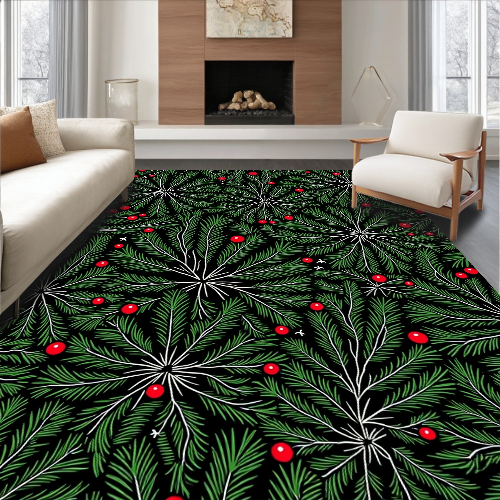 Green Pine Needle Red Berry Radiating Rug