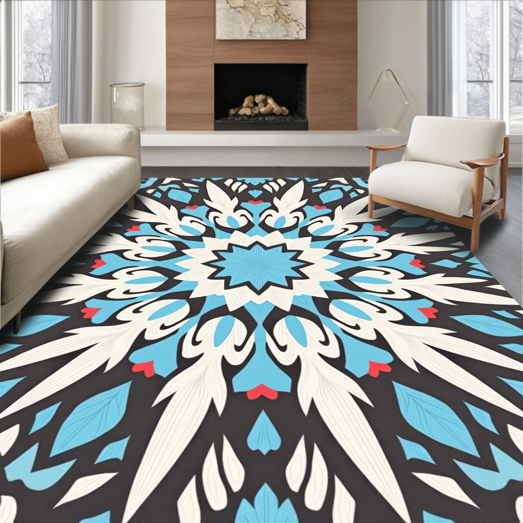 Intricate Teal White Floral Mandala Rug
