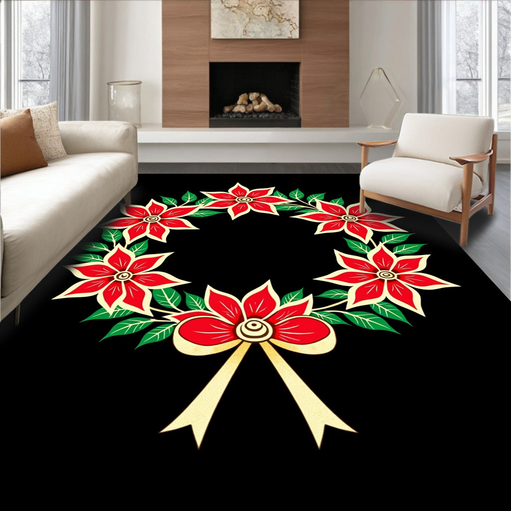 Red Poinsettia Wreath with Gold Bow Rug