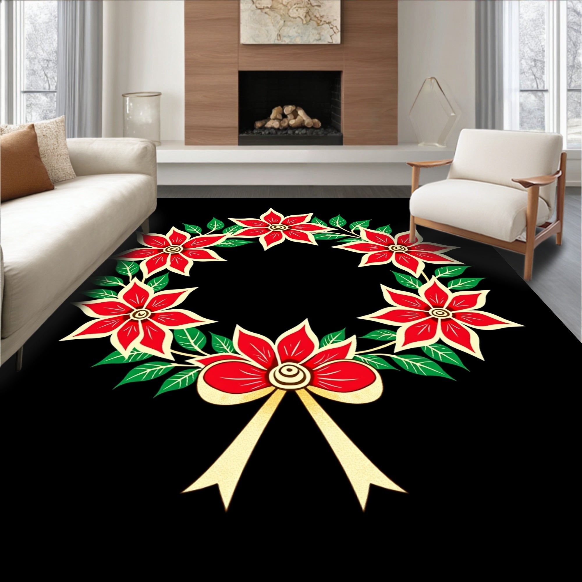 Red Poinsettia Wreath with Gold Bow Rug