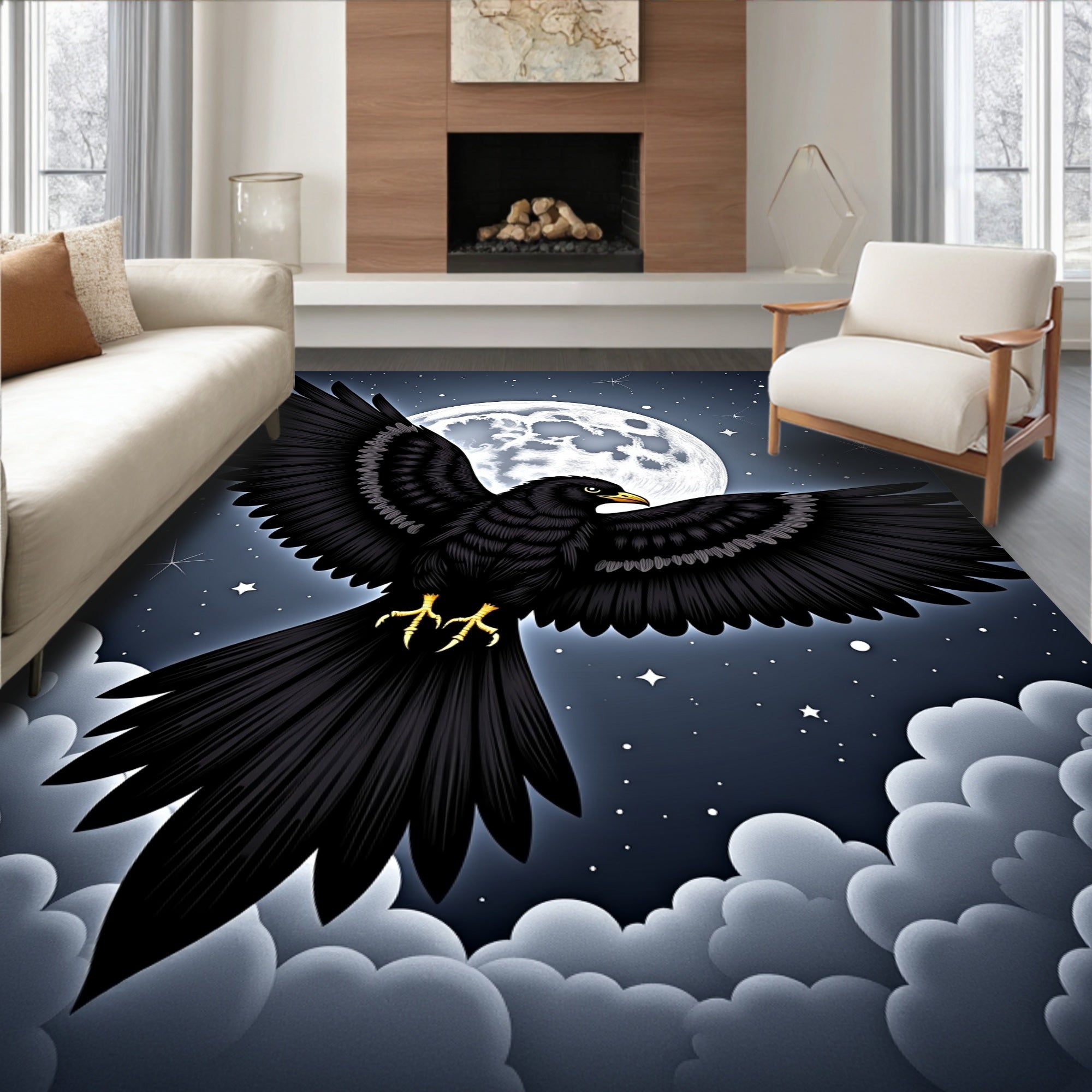 Night Black Bird Moon Sky Rug