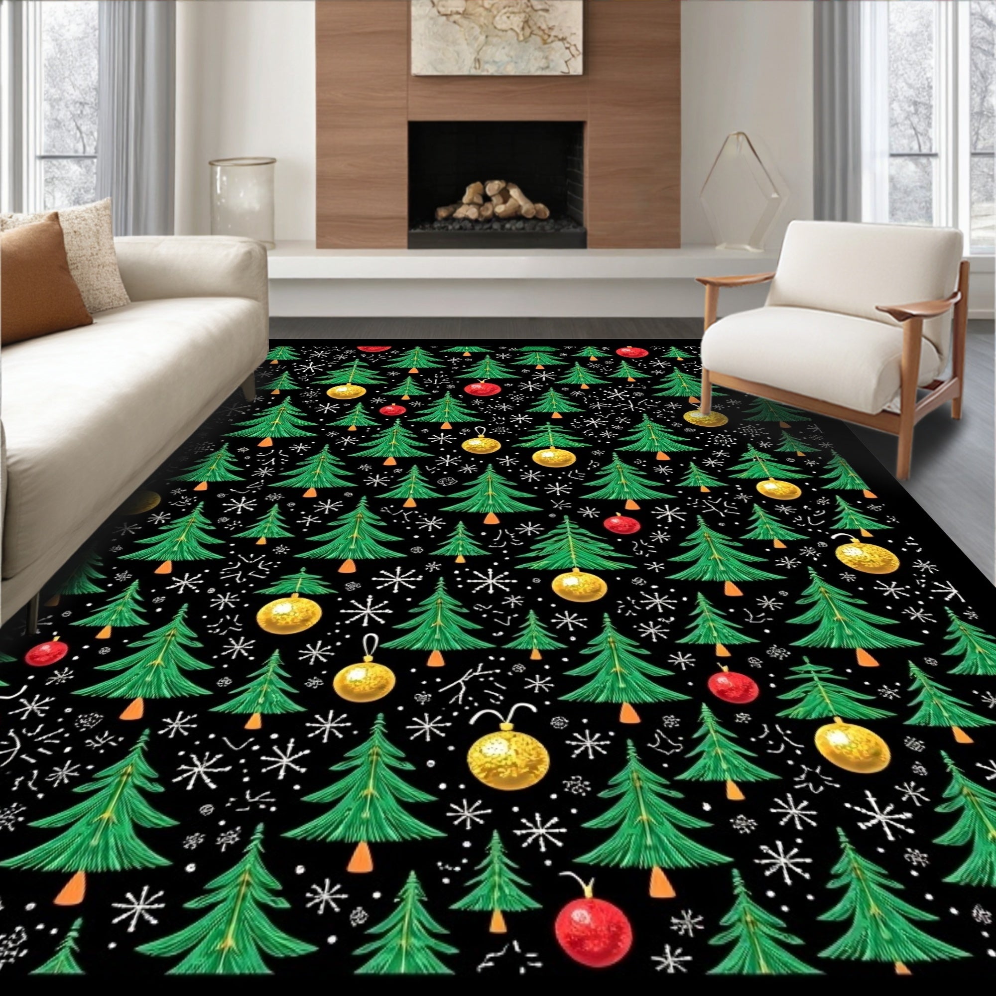Festive Green Christmas Trees Gold Orbs Rug
