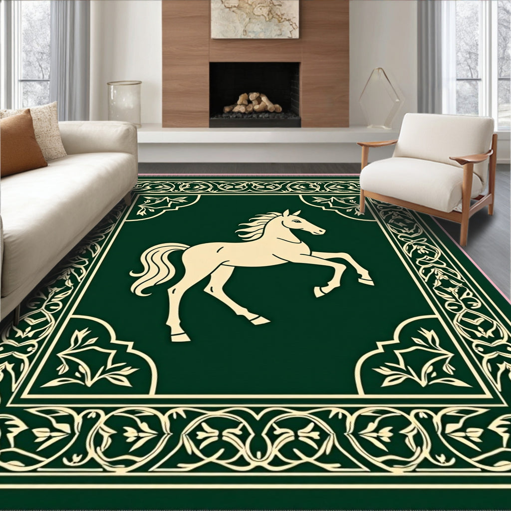 Green Cream Horse Ornamental Border Rug