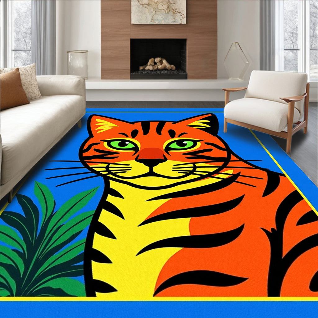 Vibrant Orange Green Cat Jungle Rug