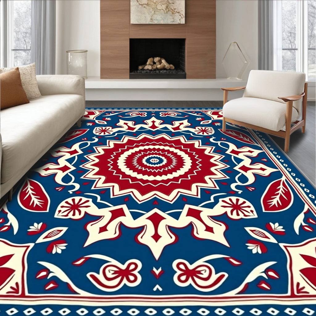 Bold Red Blue Floral Medallion Rug