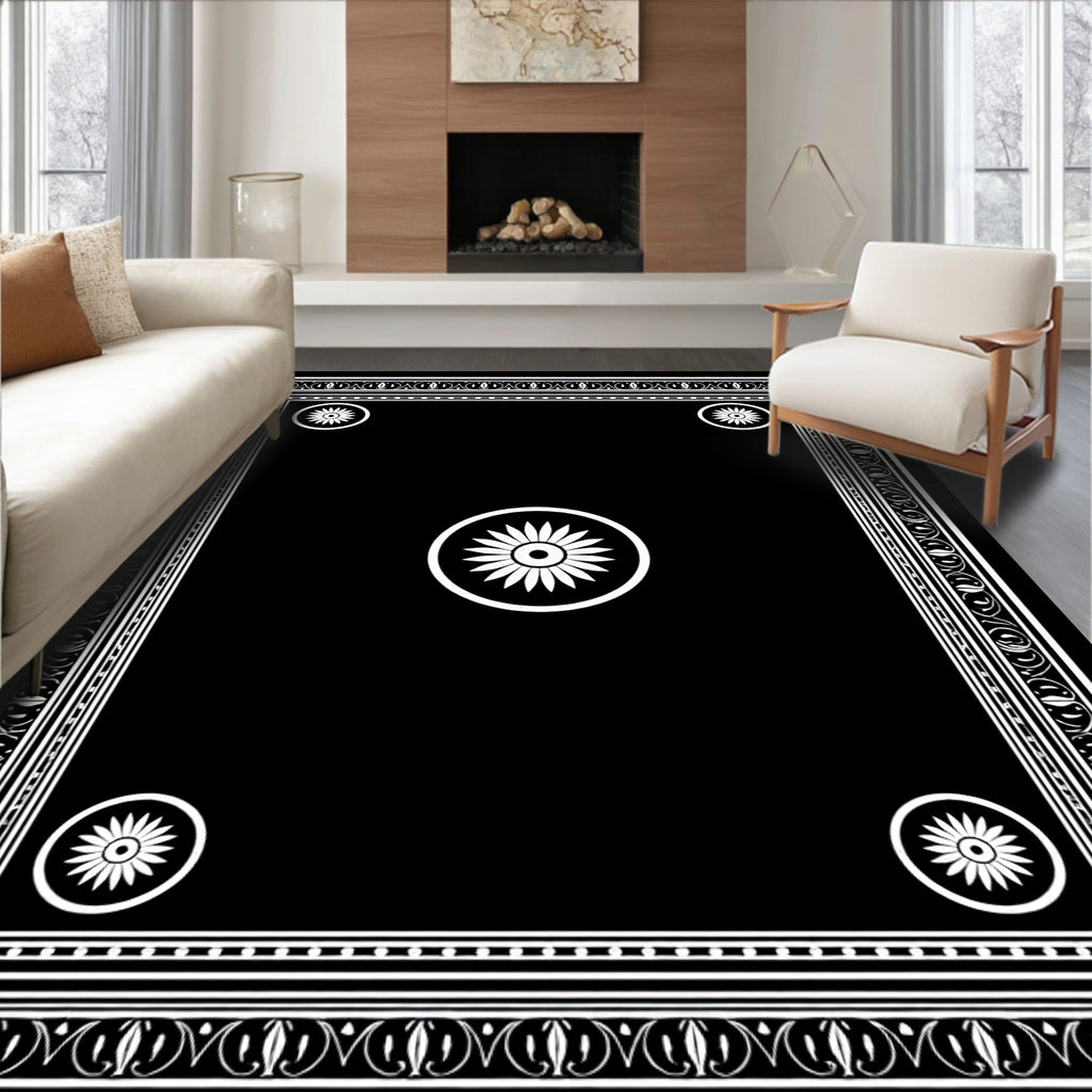 Classic Black White Floral Medallion Border Rug