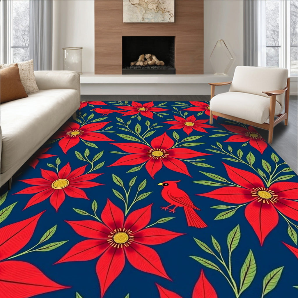 Crimson Cardinal Poinsettia Floral Arrangement Rug