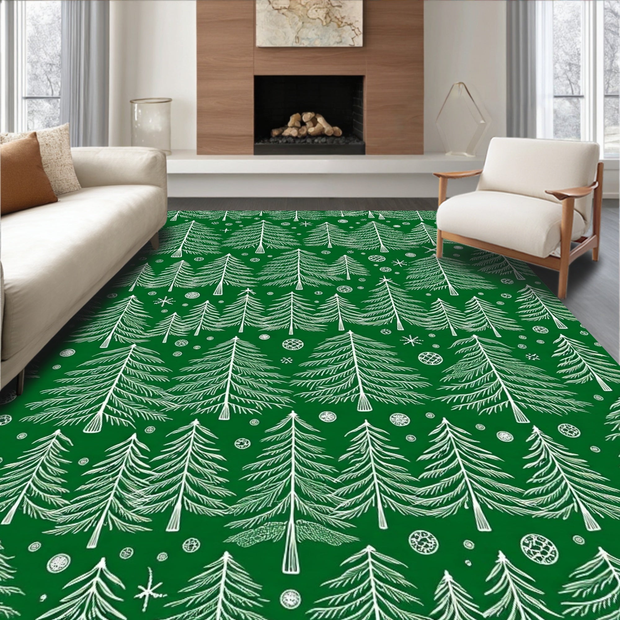 Festive Green Christmas Tree Forest Rug