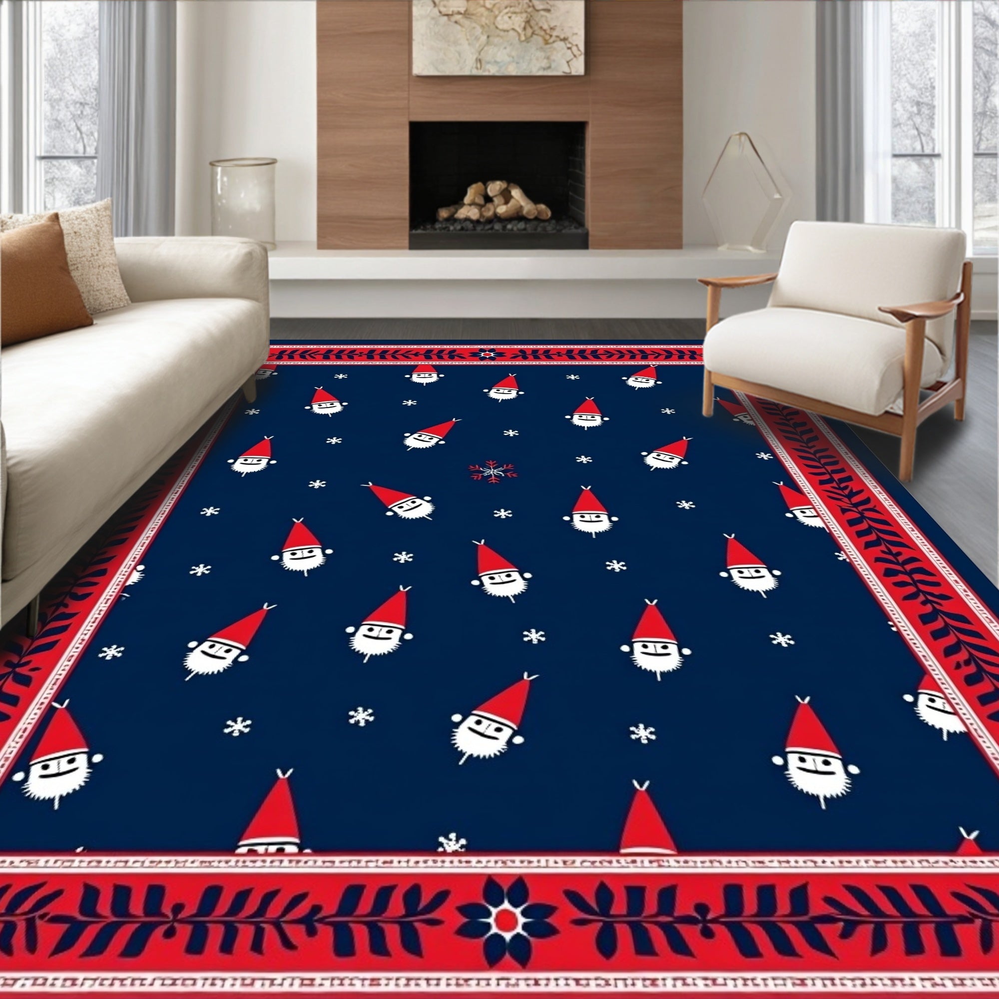 Navy Red Santa Claus Snowflakes Border Rug