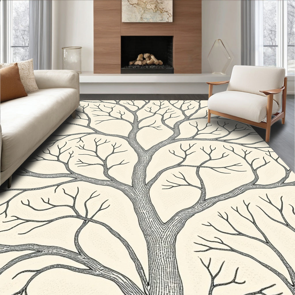 Cream and Charcoal Branchy Tree Illustration Rug