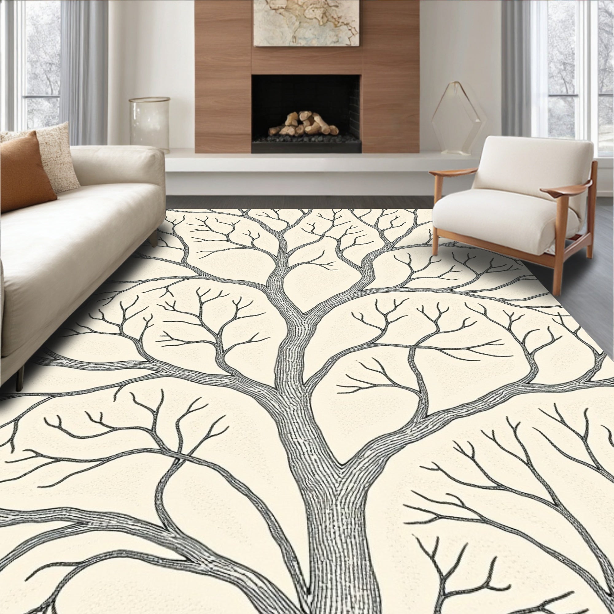 Cream and Charcoal Branchy Tree Illustration Rug
