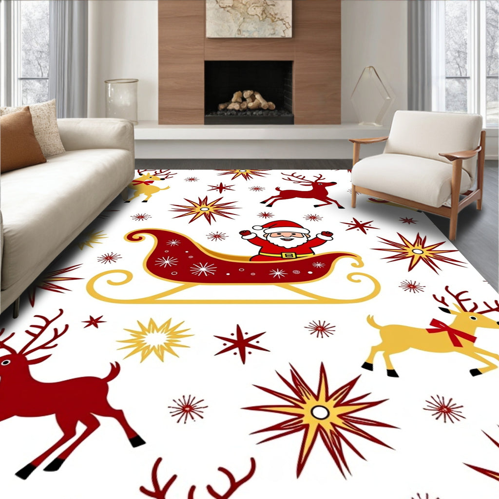 Festive Santa Sleigh Reindeer Snowflakes Rug