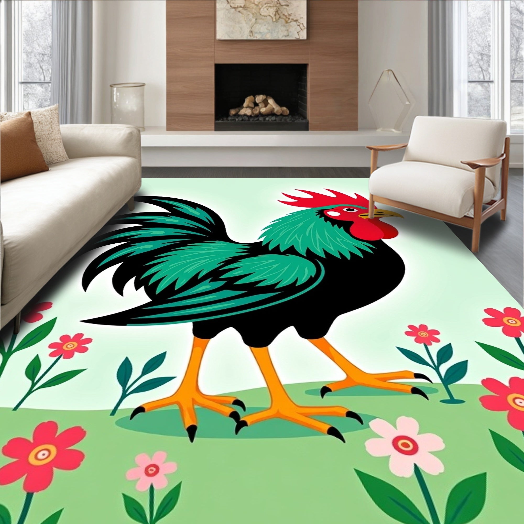 Vibrant Rooster And Pink Flowers Rug