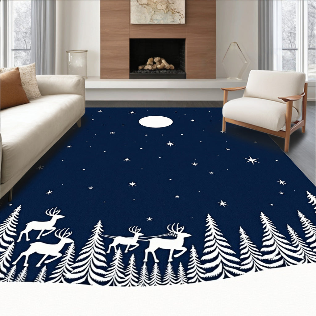 Midnight Sky Reindeer Winter Forest Scene Rug