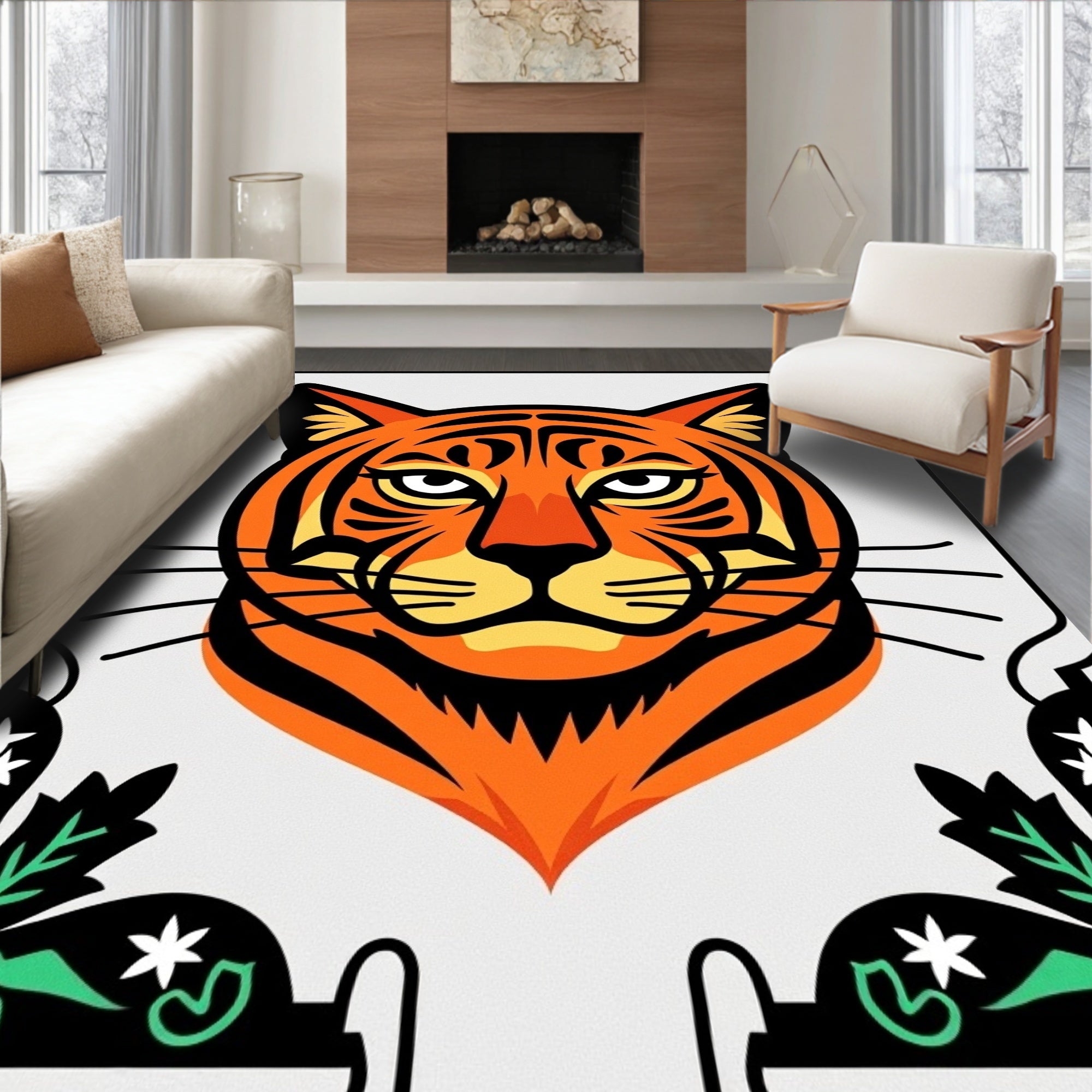 Bold Orange Tiger Floral Border Rug