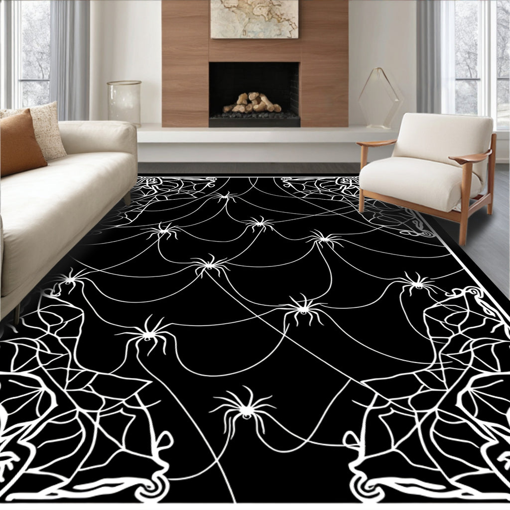 Spooky Black White Spiderweb Swirl Rug