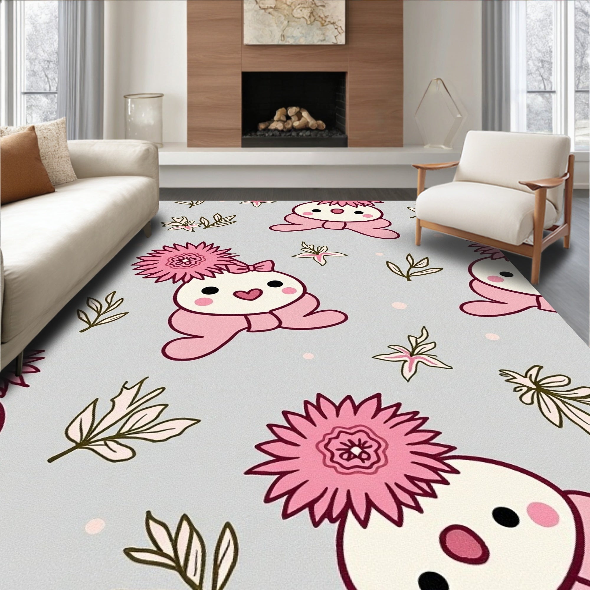 Pink Kawaii Characters Floral Scatter Rug