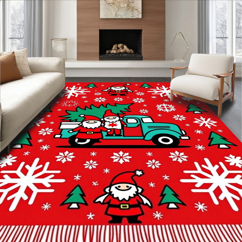 Red Gnomes Truck Christmas Trees Snowflakes Rug