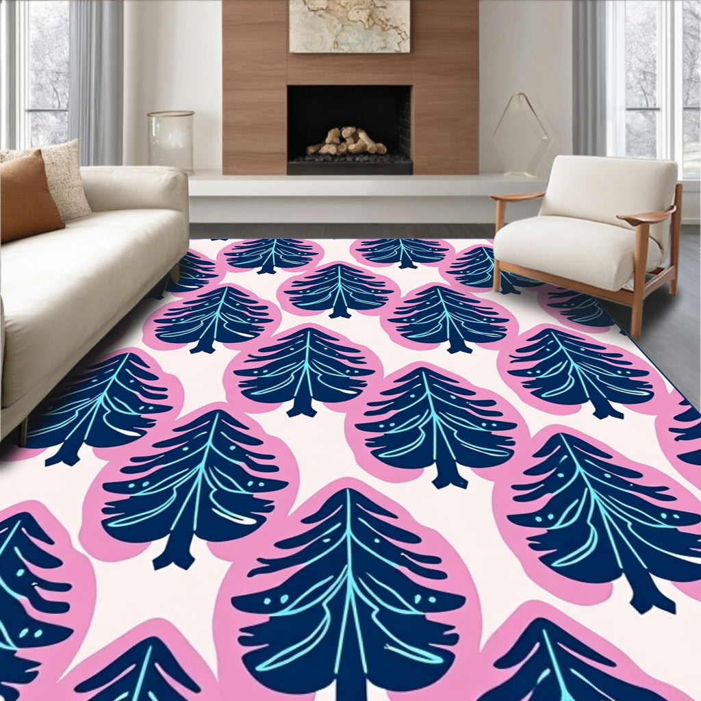 Navy Blue Pine Tree Pink Outline Rug