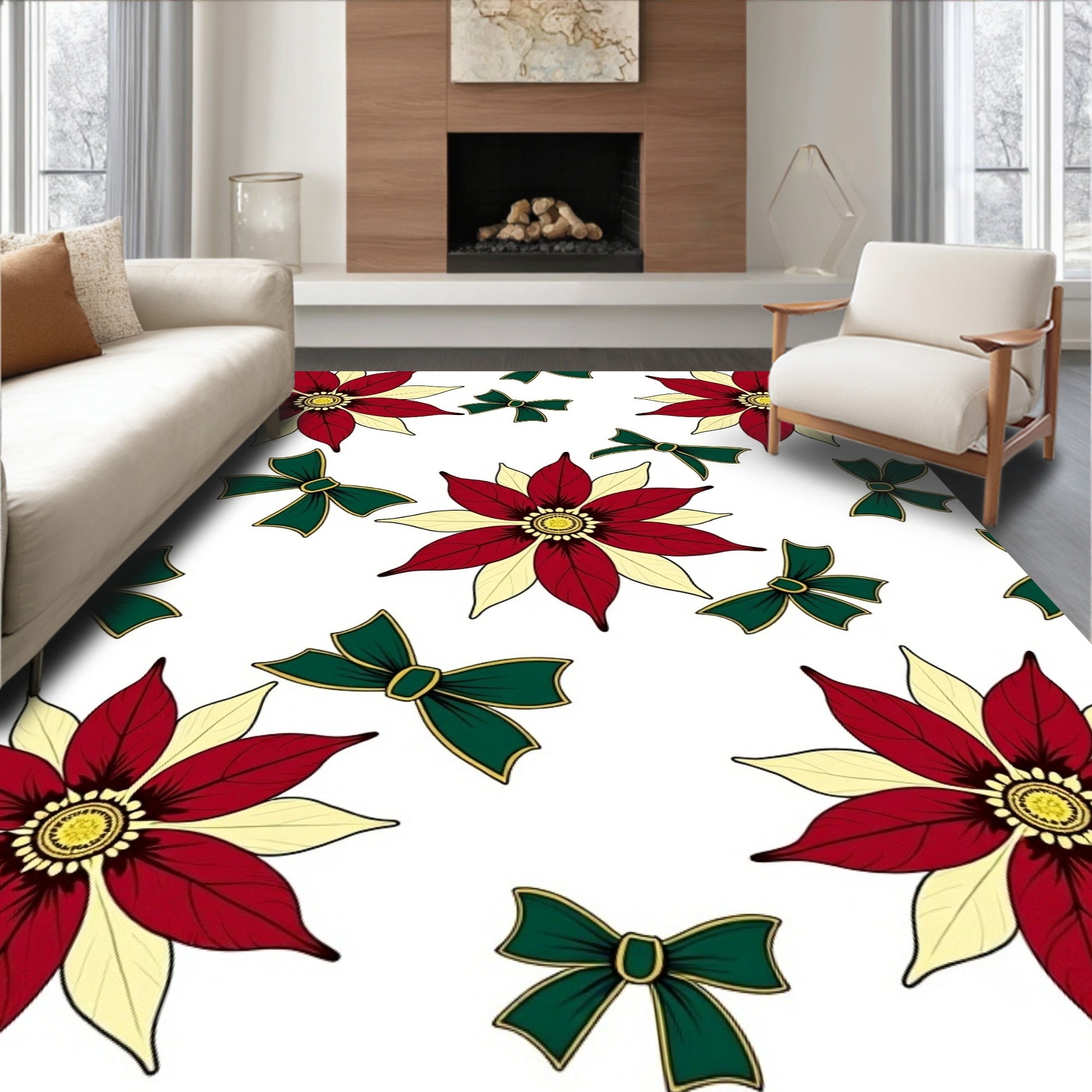 Crimson Yellow Poinsettia Bow Rug
