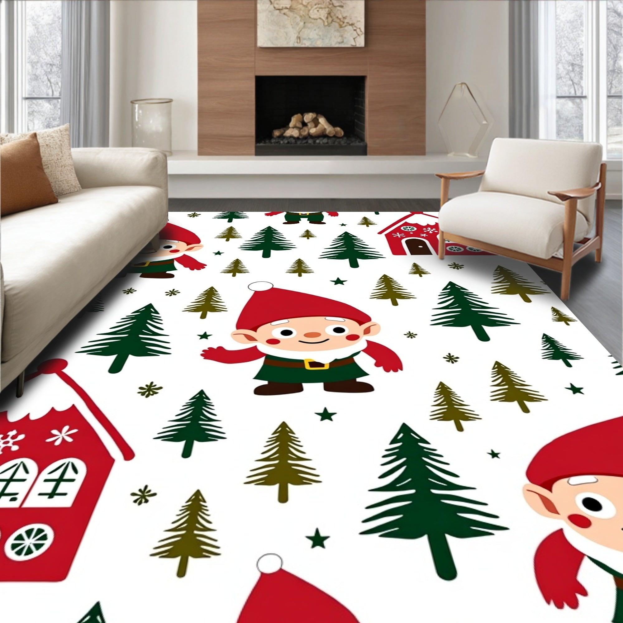 Whimsical Gnomes Red Houses Evergreen Forest Rug