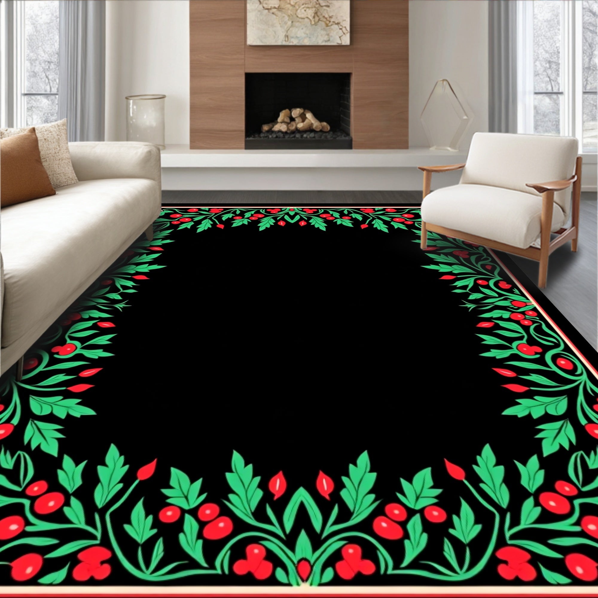 Vibrant Red Green Berry Garland Rug