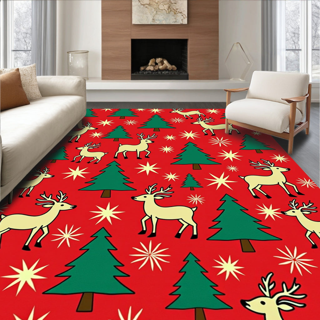Red Reindeer Evergreen Starburst Christmas Rug
