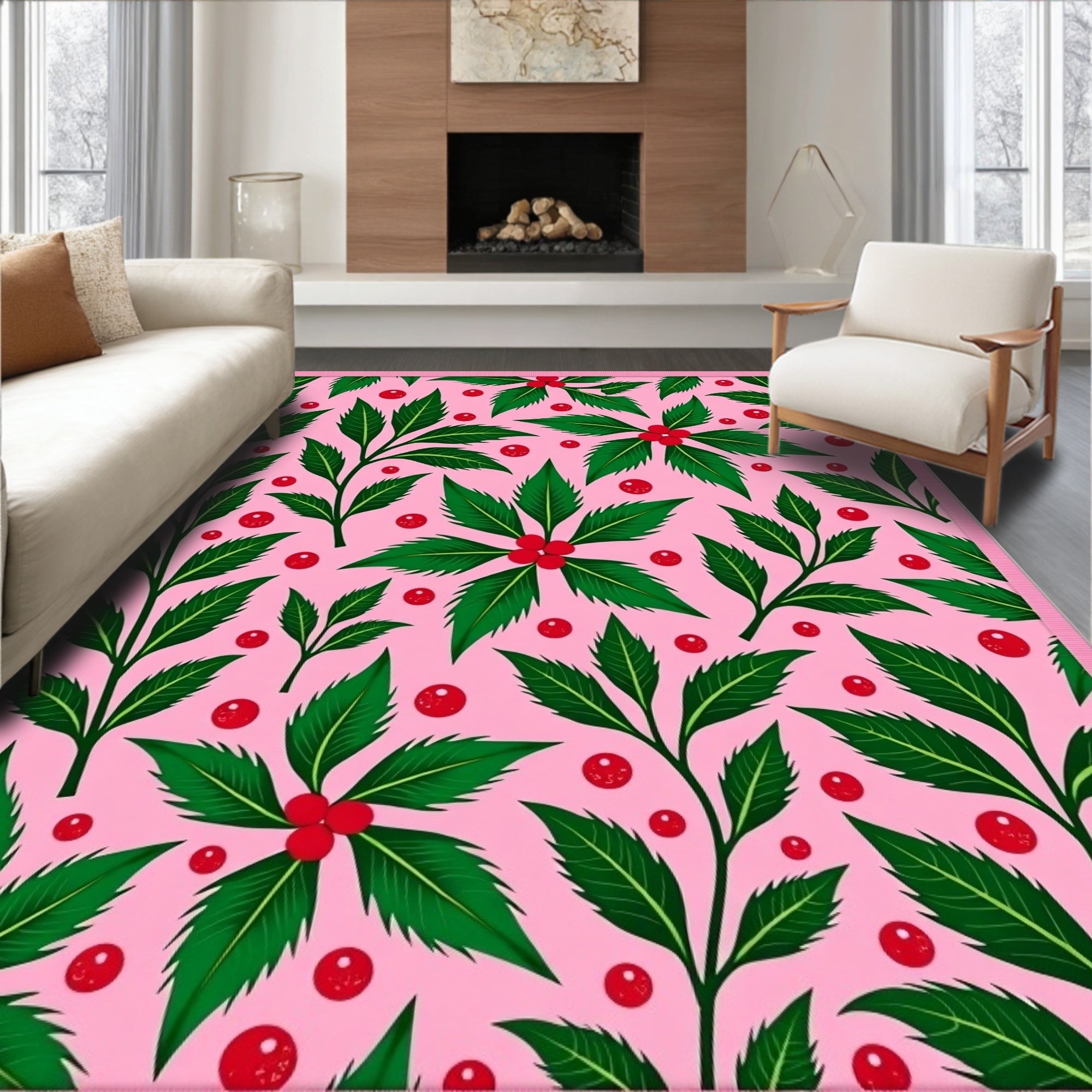 Pink Holly Berry Leaf Branches Rug