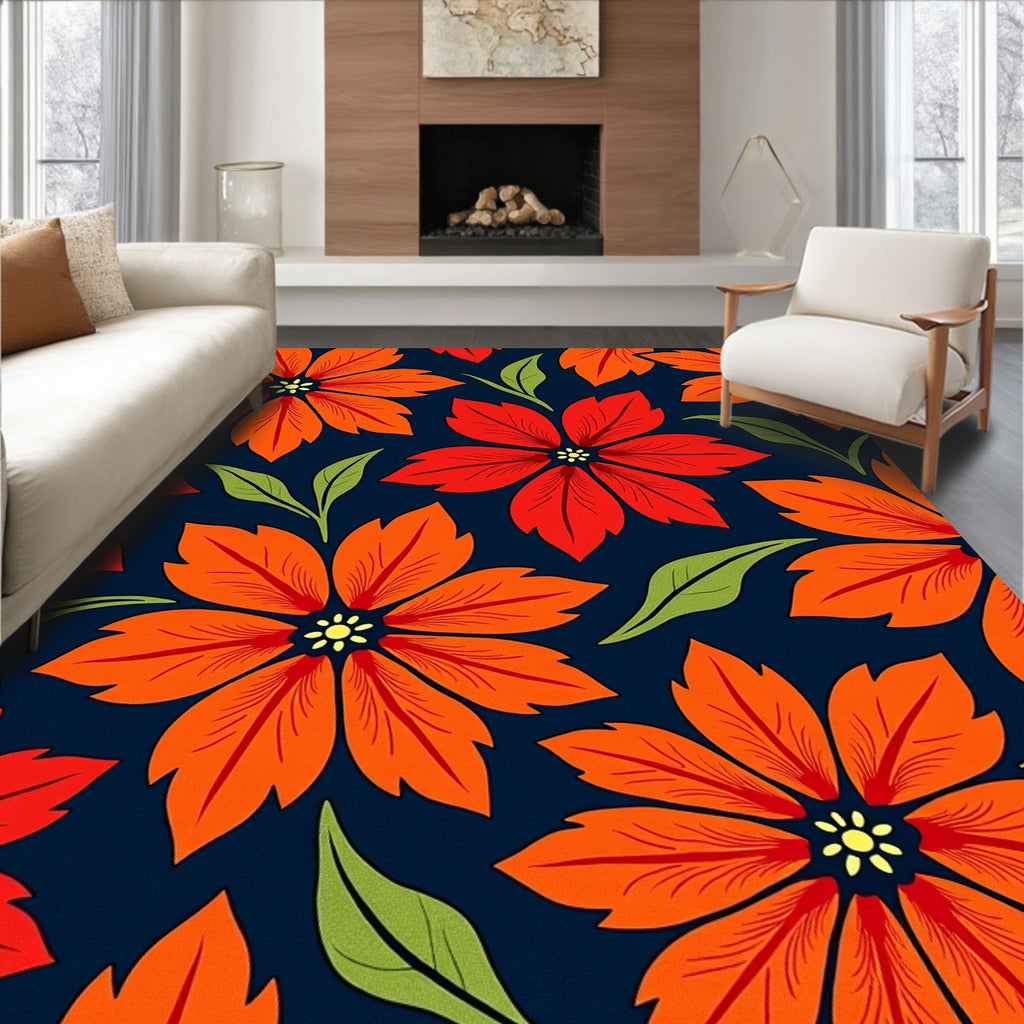 Vivid Red Orange Floral Navy Background Rug