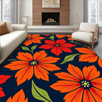 Vivid Red Orange Floral Navy Background Rug