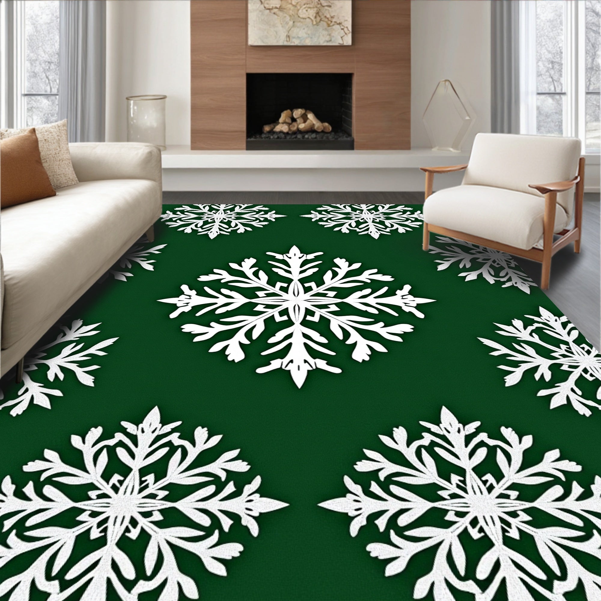 White Snowflake Overlay Emerald Rug