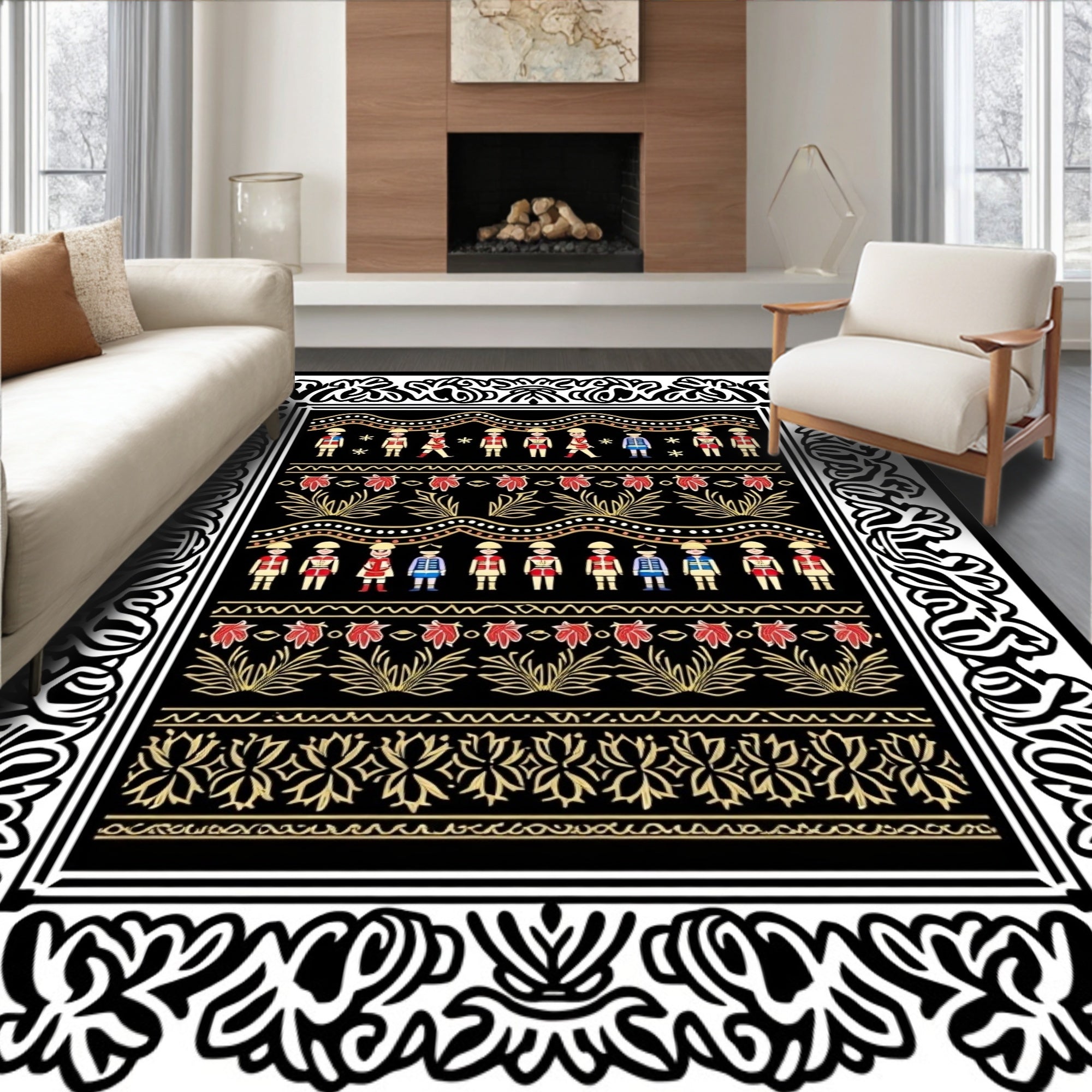Folk Art Red Soldiers Repeating Border Rug
